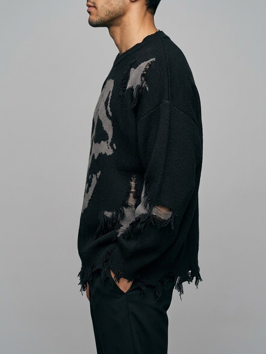 Serravalle Men's Distressed Skull Jacquard Sweater — black — side