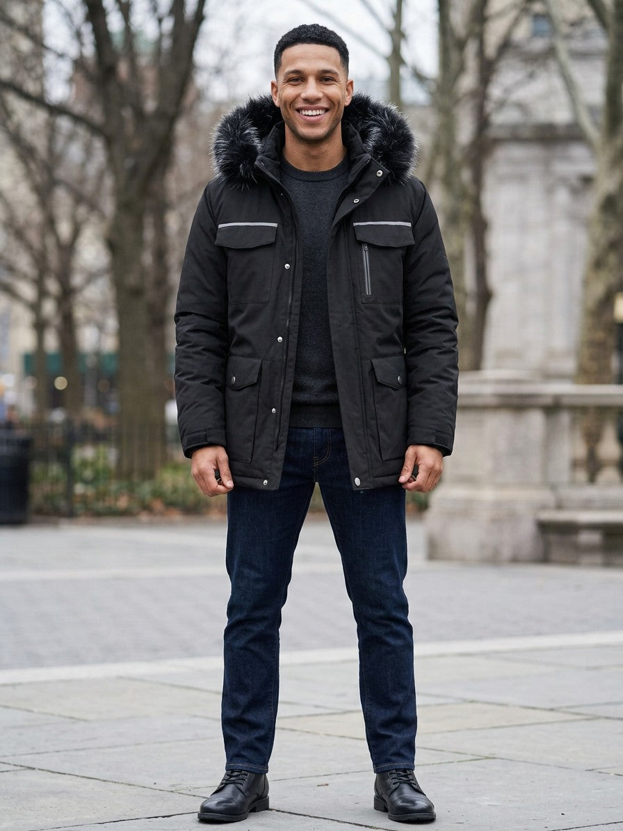 Sestri Men's Fur-Hooded Winter Parka — black — lifestyle