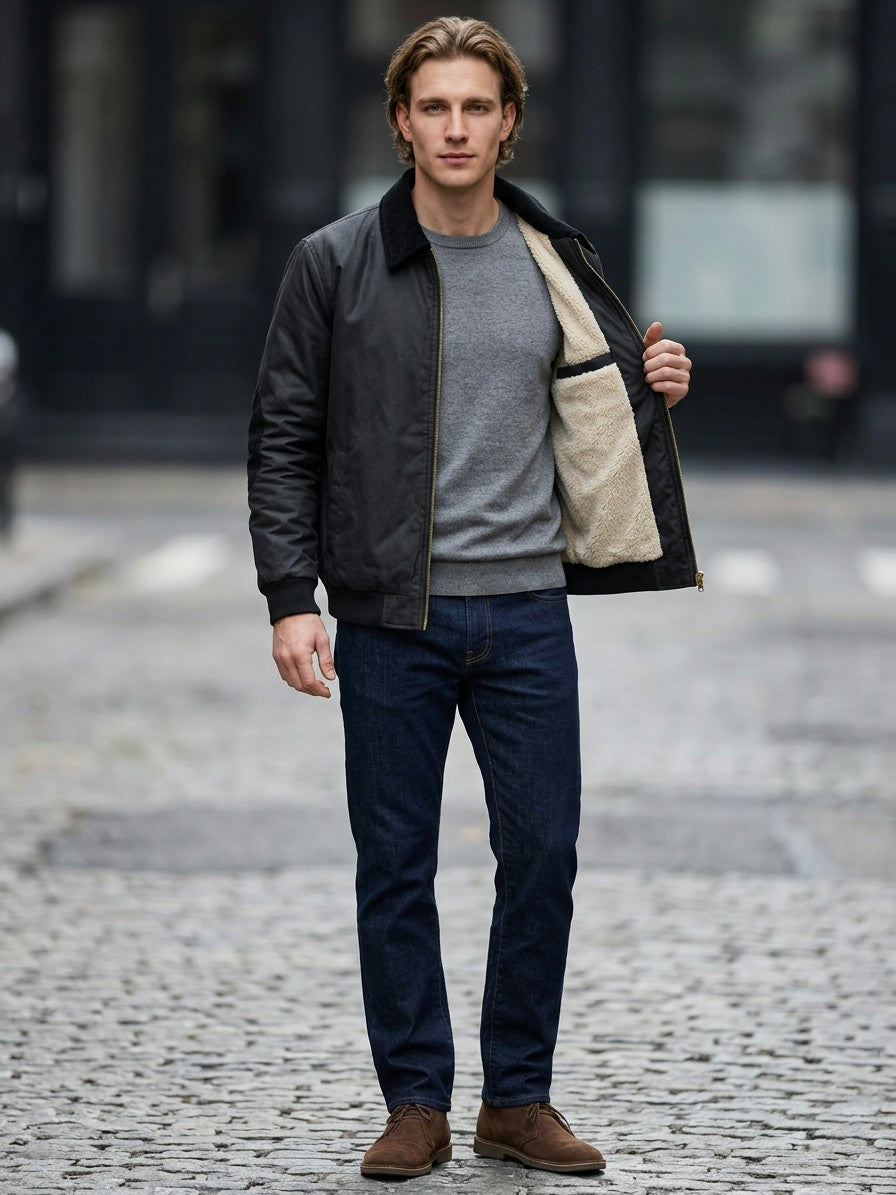 Sestriere Men's Sherpa-Lined Zip-Up Jacket — black — lifestyle