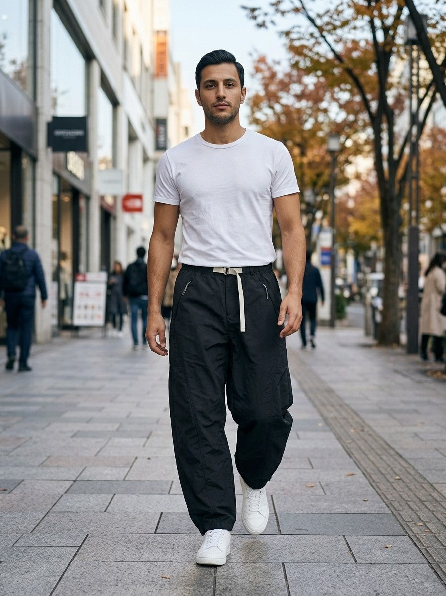 Sezze Men's Curved Barrel-Leg Cargo Pants — black — lifestyle