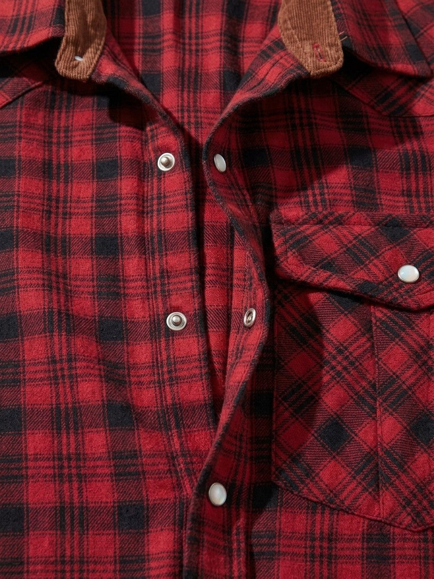Siracusa Men's Vintage Plaid Western Shirt — red — detail
