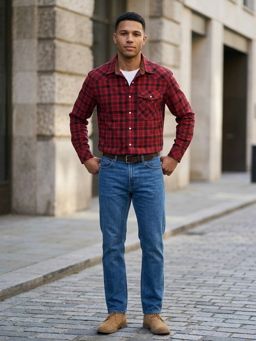 Siracusa Men's Vintage Plaid Western Shirt — red — lifestyle