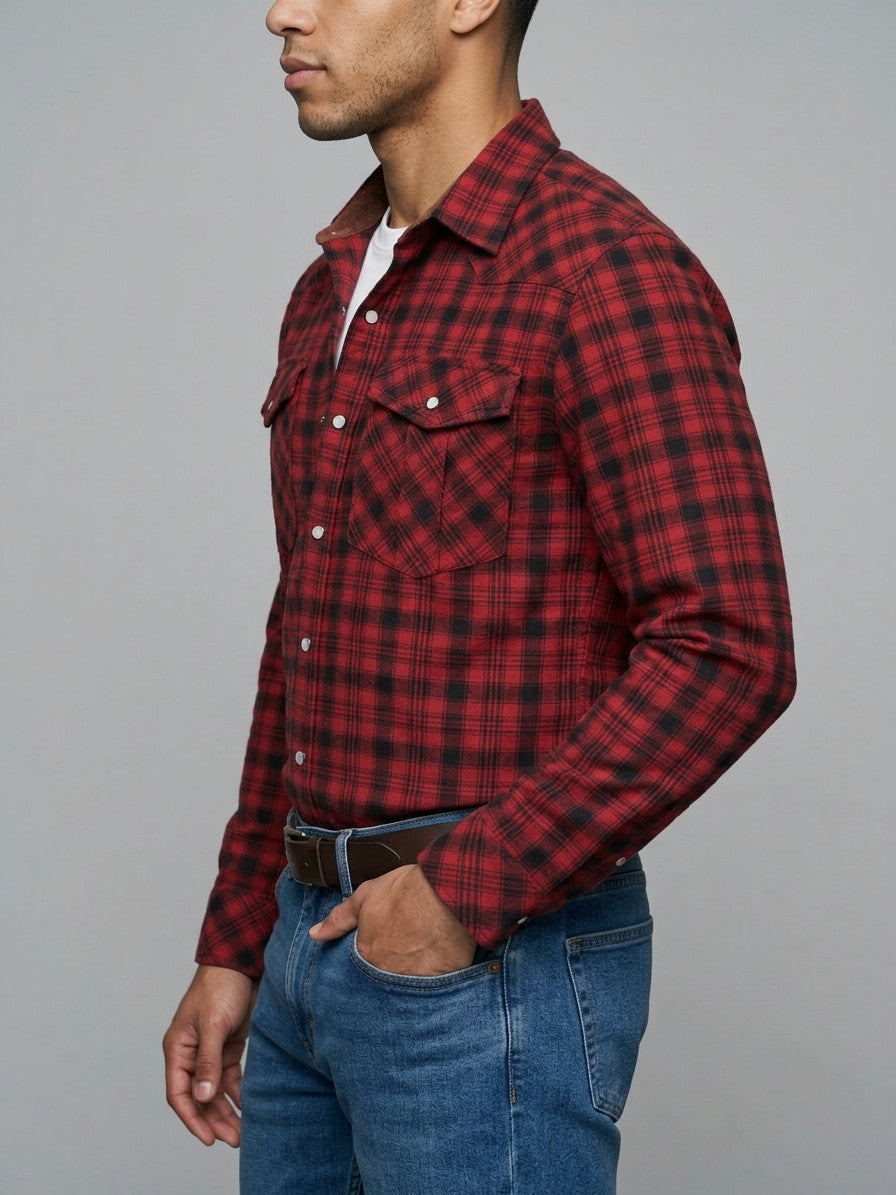 Siracusa Men's Vintage Plaid Western Shirt — red — side