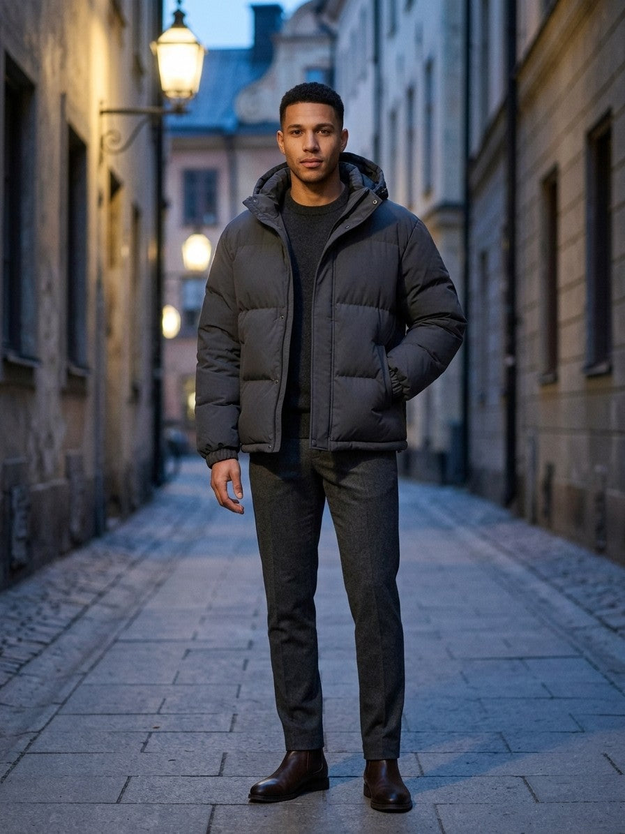 Soave Men's Wide-Channel Hooded Puffer Jacket — darkgray — lifestyle