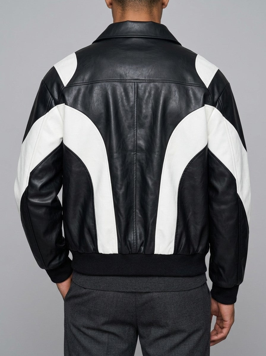 Solferino Men's Color-Block Faux Leather Racer Jacket — white — back