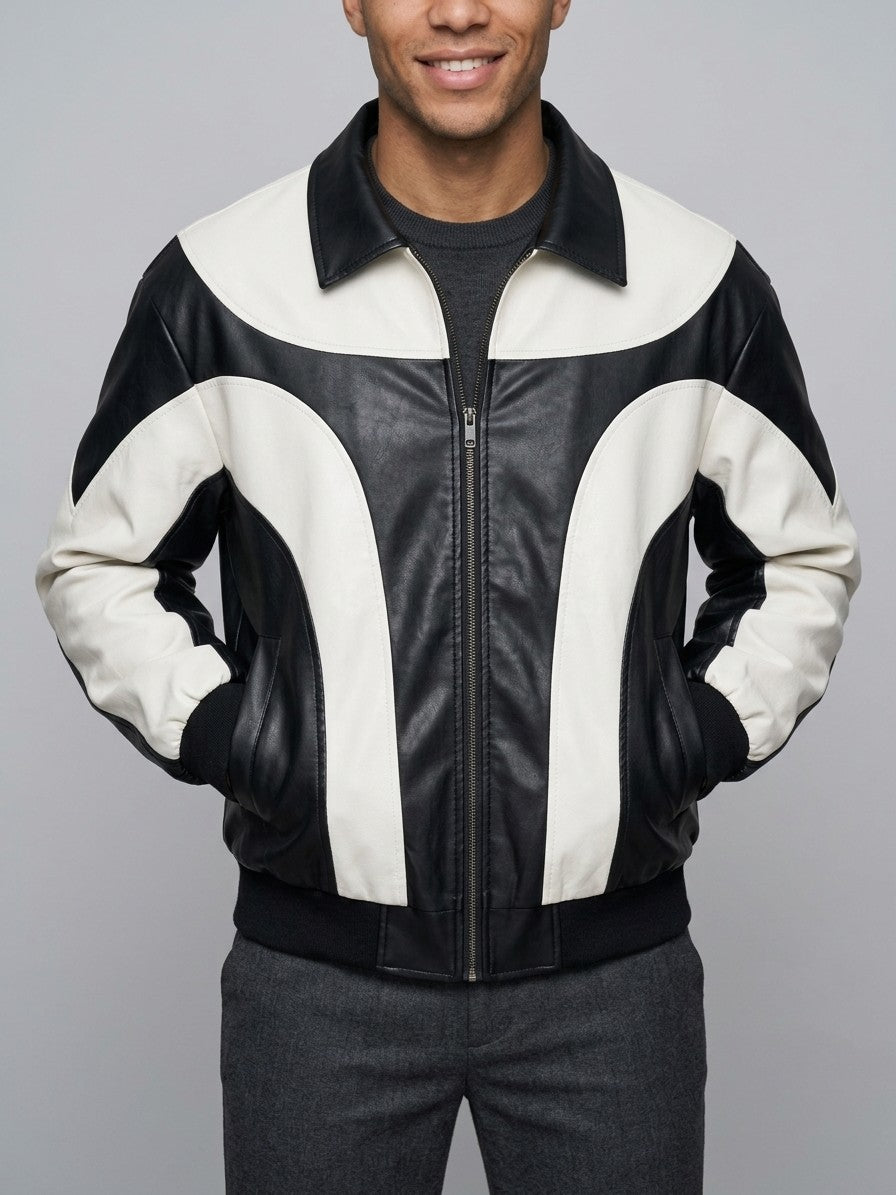 Solferino Men's Color-Block Faux Leather Racer Jacket — white — front
