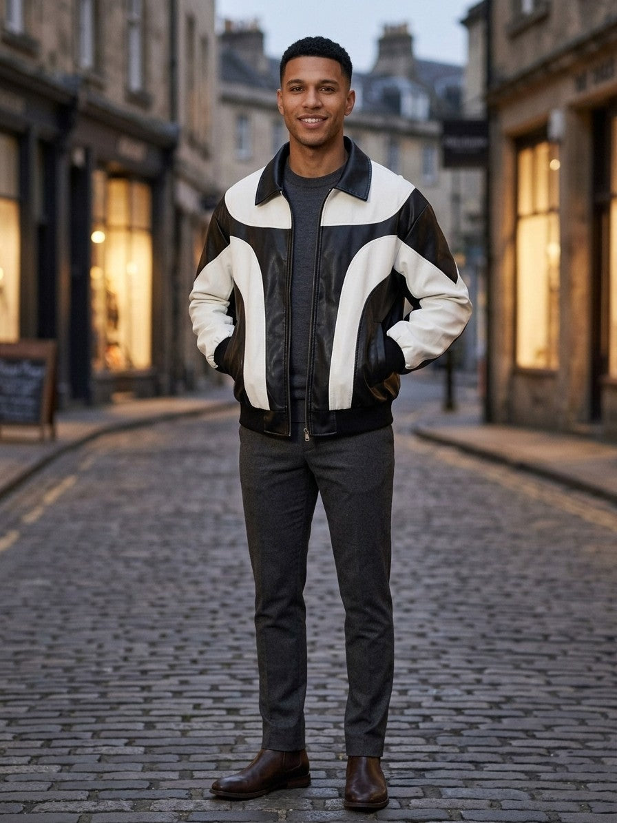 Solferino Men's Color-Block Faux Leather Racer Jacket — white — lifestyle