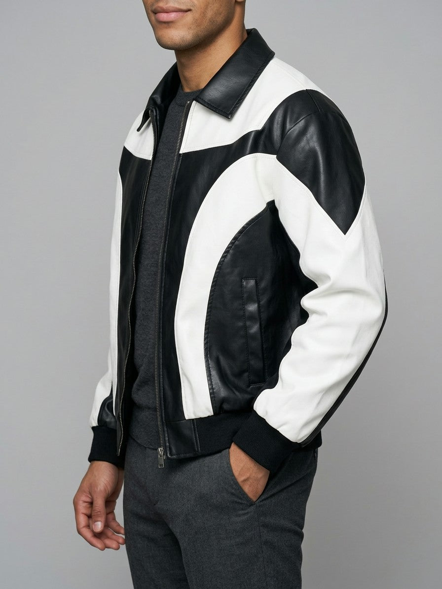 Solferino Men's Color-Block Faux Leather Racer Jacket — white — side
