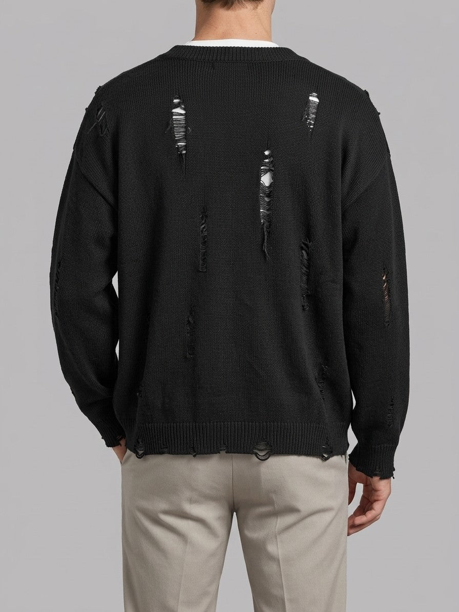 Solopaca Men's Distressed Cherub Intarsia Cardigan — black — back