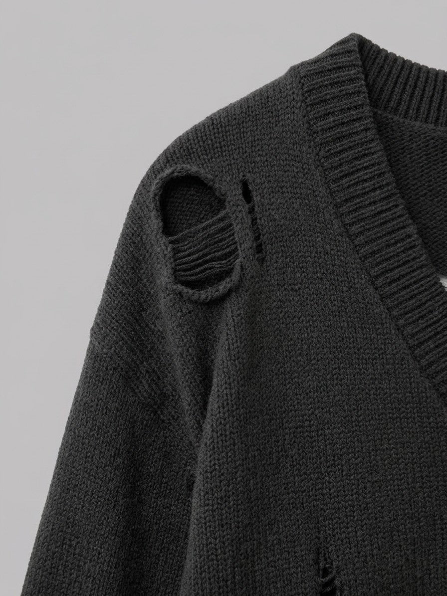 Solopaca Men's Distressed Cherub Intarsia Cardigan — black — detail-2