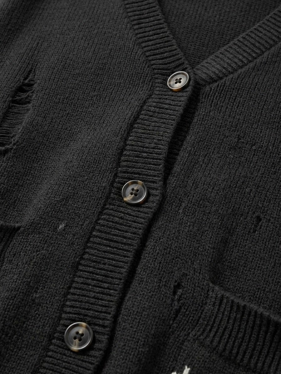 Solopaca Men's Distressed Cherub Intarsia Cardigan — black — detail-collar