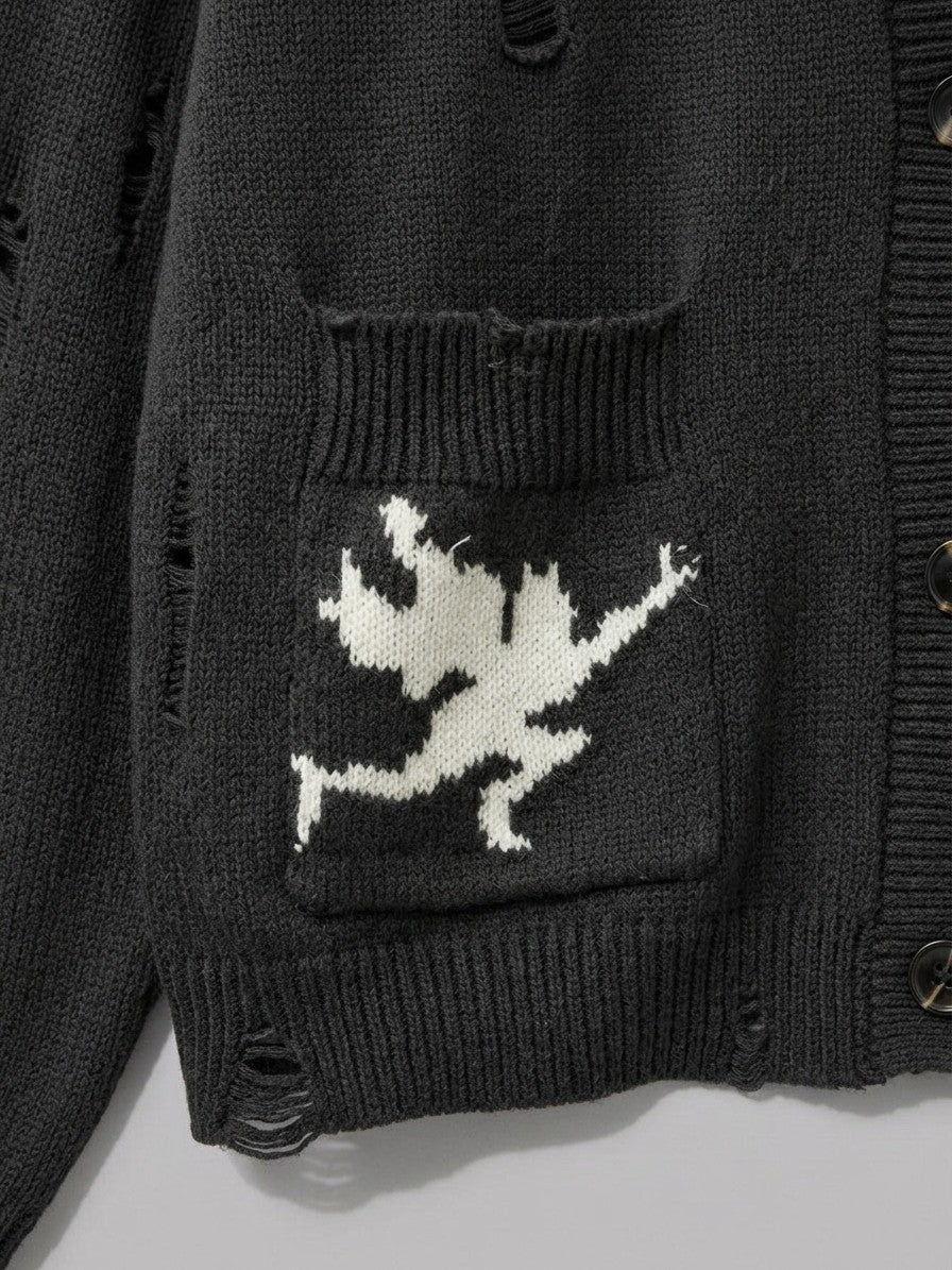 Solopaca Men's Distressed Cherub Intarsia Cardigan — black — detail
