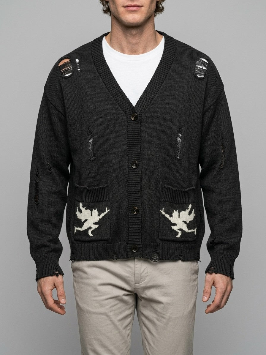Solopaca Men's Distressed Cherub Intarsia Cardigan — black — front