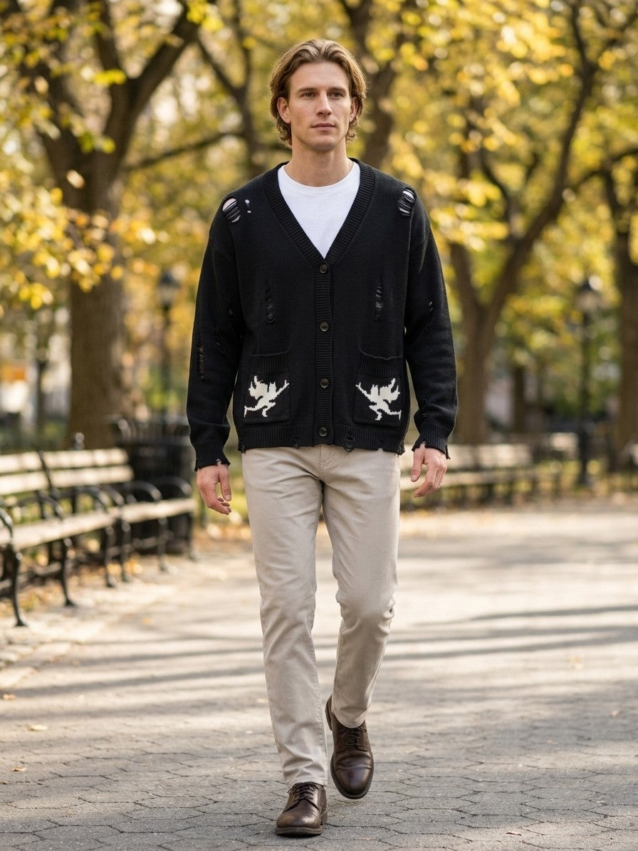 Solopaca Men's Distressed Cherub Intarsia Cardigan — black — lifestyle