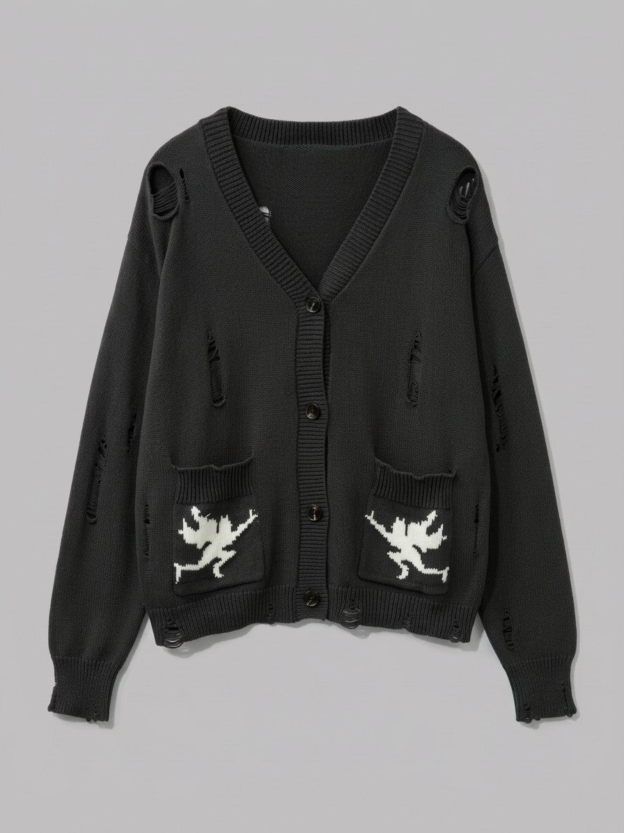 Solopaca Men's Distressed Cherub Intarsia Cardigan — black — packshot
