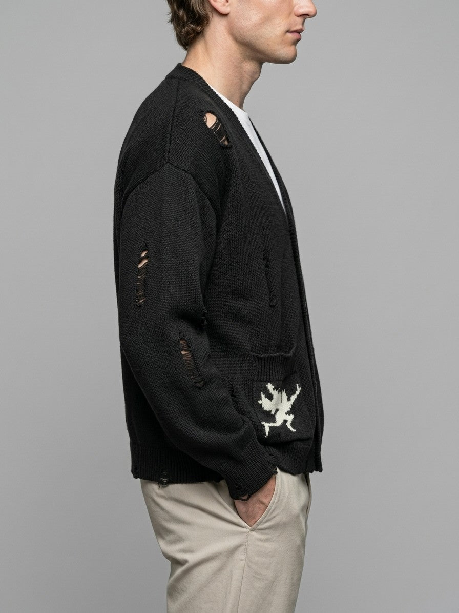 Solopaca Men's Distressed Cherub Intarsia Cardigan — black — side