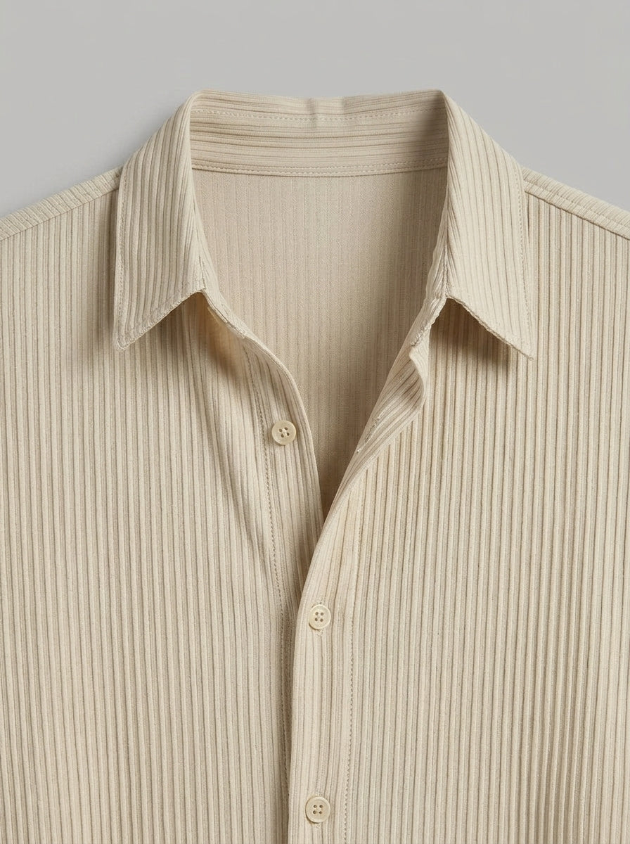 Sorento Men's Pleated Long Sleeve Button-Up Shirt — beige — detail-collar