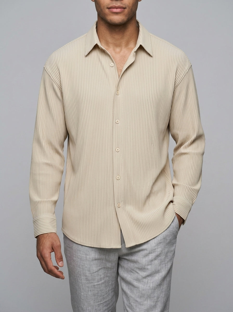 Sorento Men's Pleated Long Sleeve Button-Up Shirt — beige — front