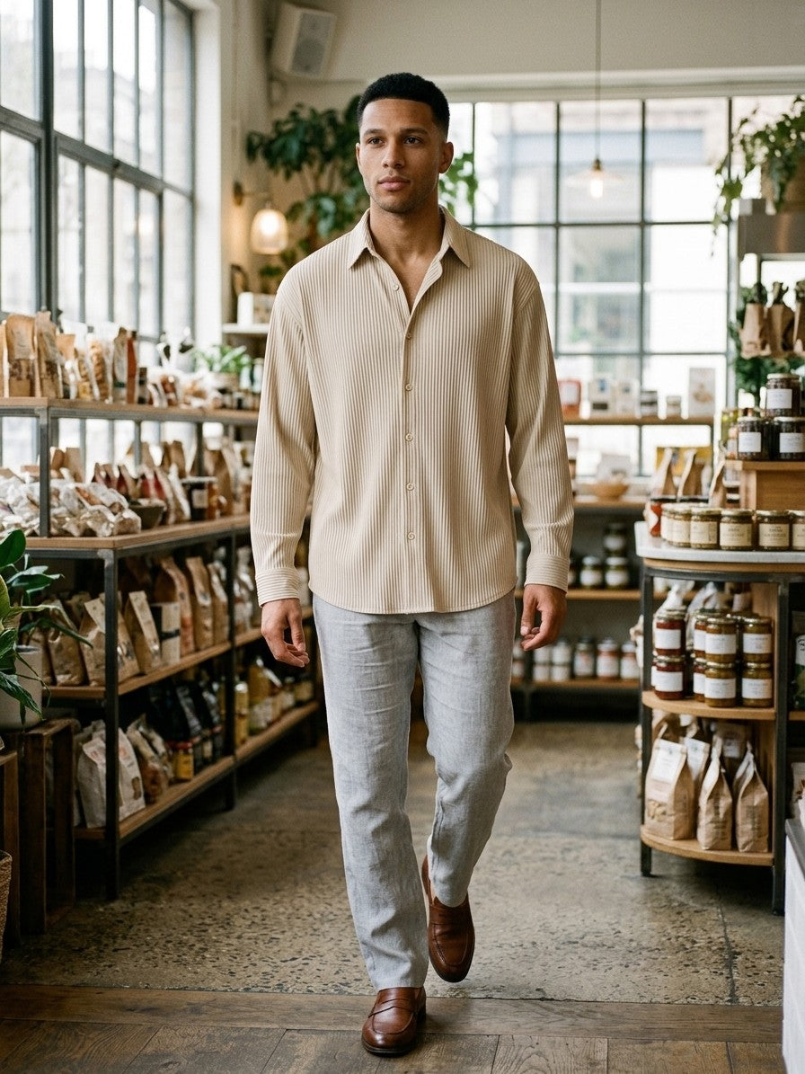 Sorento Men's Pleated Long Sleeve Button-Up Shirt — beige — lifestyle