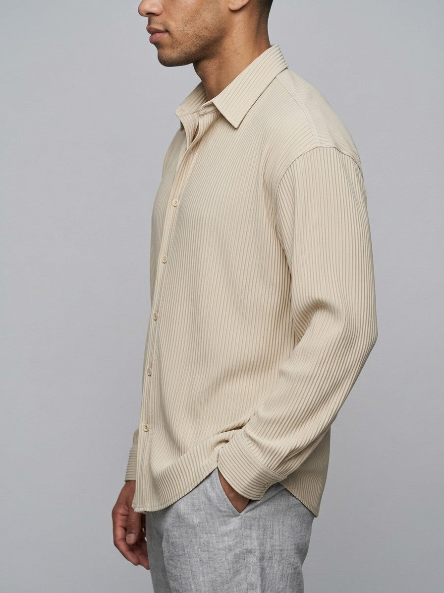 Sorento Men's Pleated Long Sleeve Button-Up Shirt — beige — side