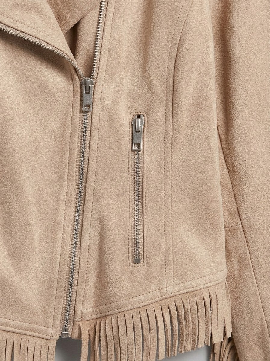 Soriano Women's Fringe Suede Moto Jacket — beige — detail-collar