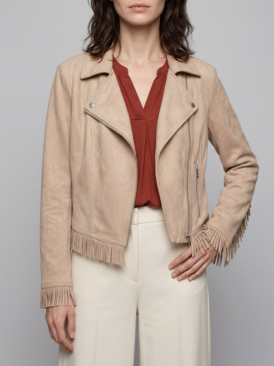 Soriano Women's Fringe Suede Moto Jacket — beige — front