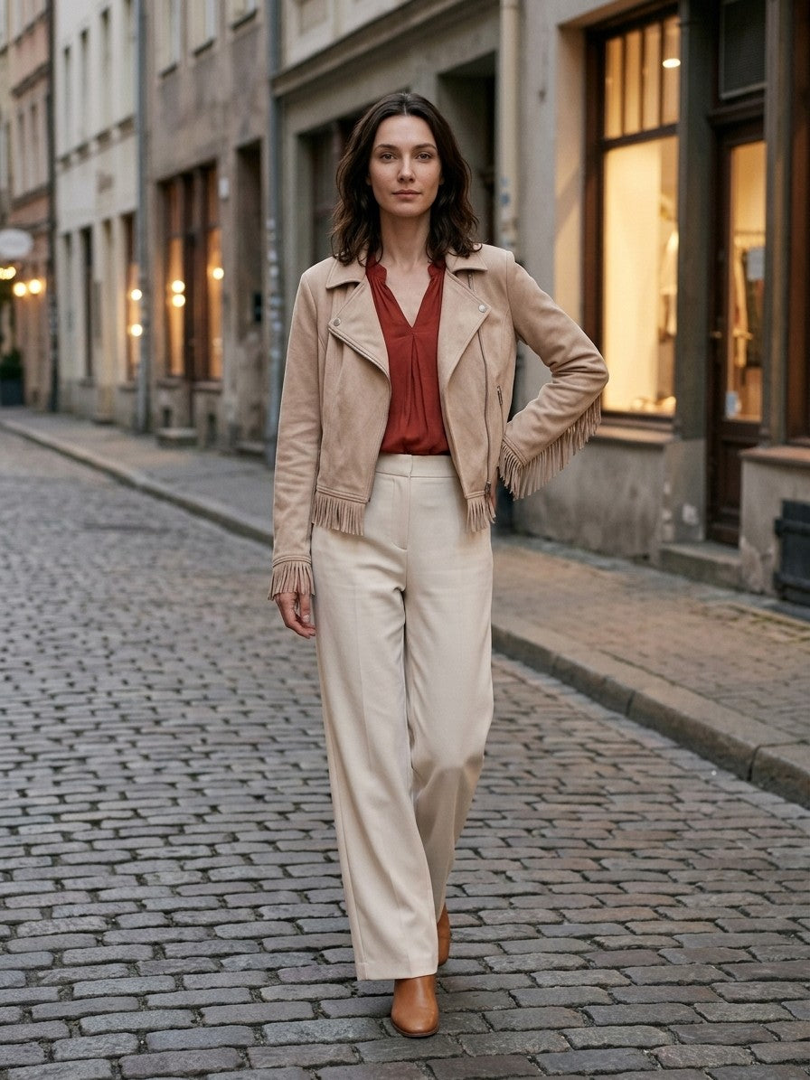 Soriano Women's Fringe Suede Moto Jacket — beige — lifestyle