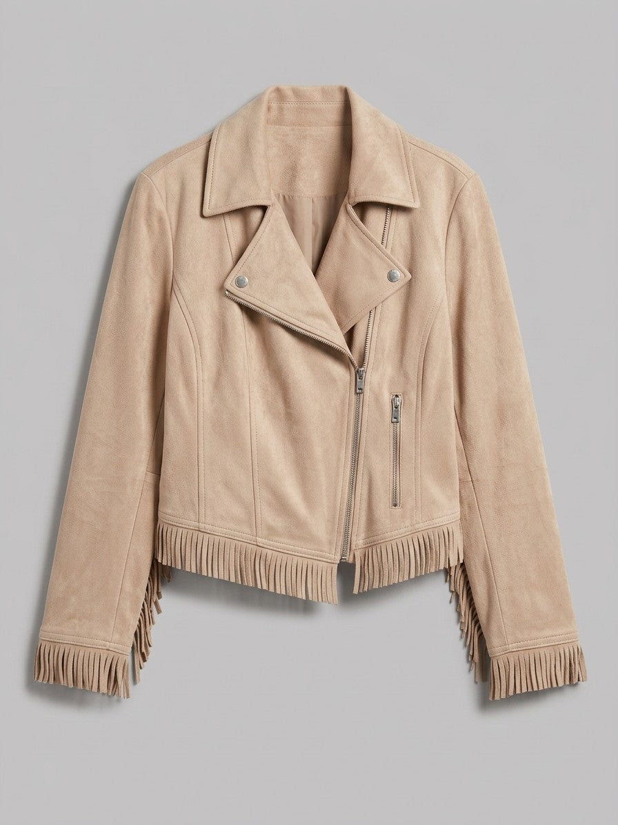 Soriano Women's Fringe Suede Moto Jacket — beige — packshot