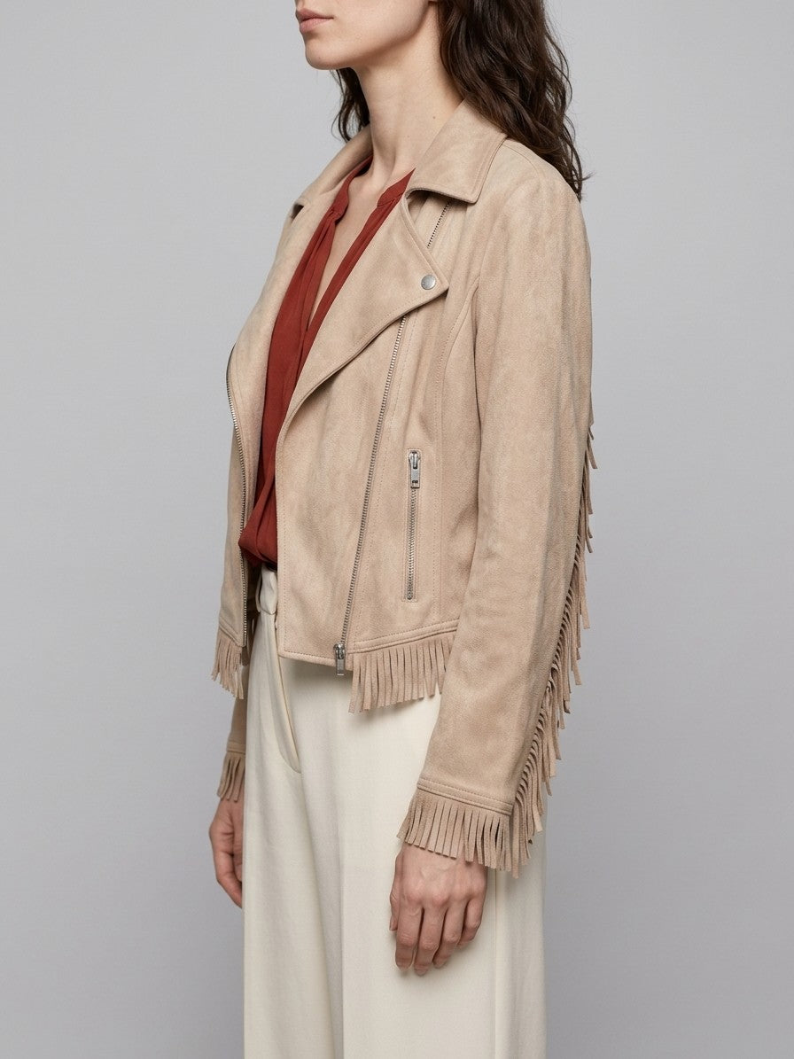 Soriano Women's Fringe Suede Moto Jacket — beige — side