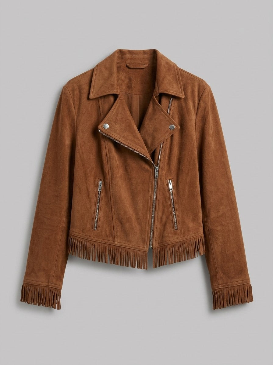 Soriano Women's Fringe Suede Moto Jacket — caramel — packshot