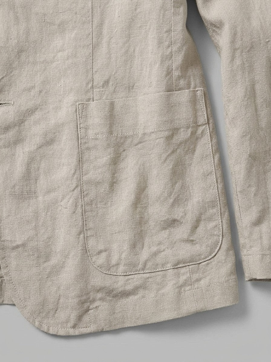 Sorico Men's Washed Linen Patch-Pocket Blazer — stonebeige — detail-collar