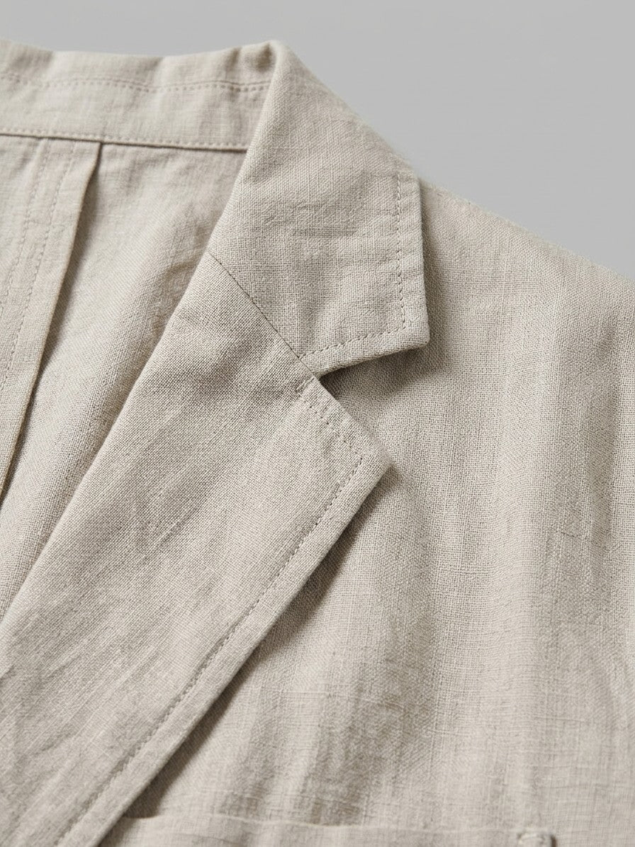 Sorico Men's Washed Linen Patch-Pocket Blazer — stonebeige — detail