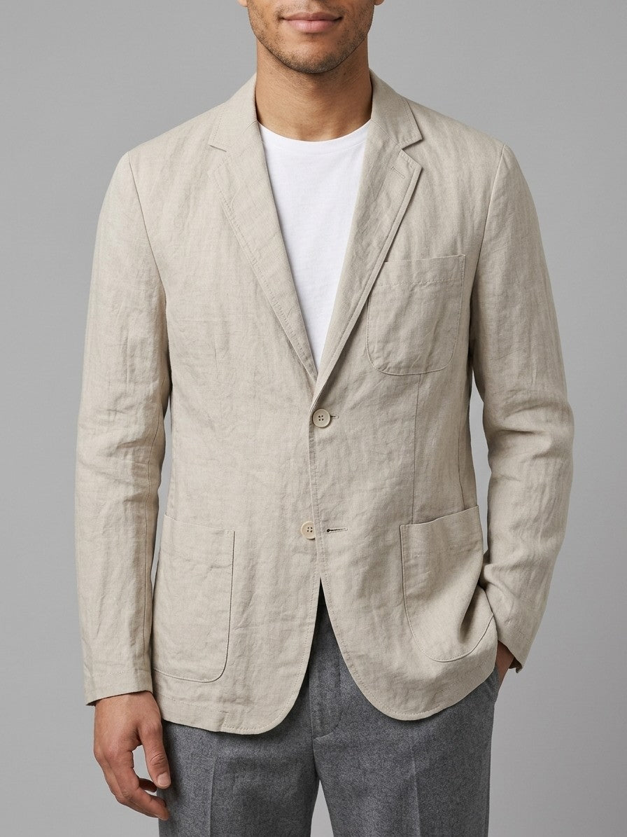 Sorico Men's Washed Linen Patch-Pocket Blazer — stonebeige — front