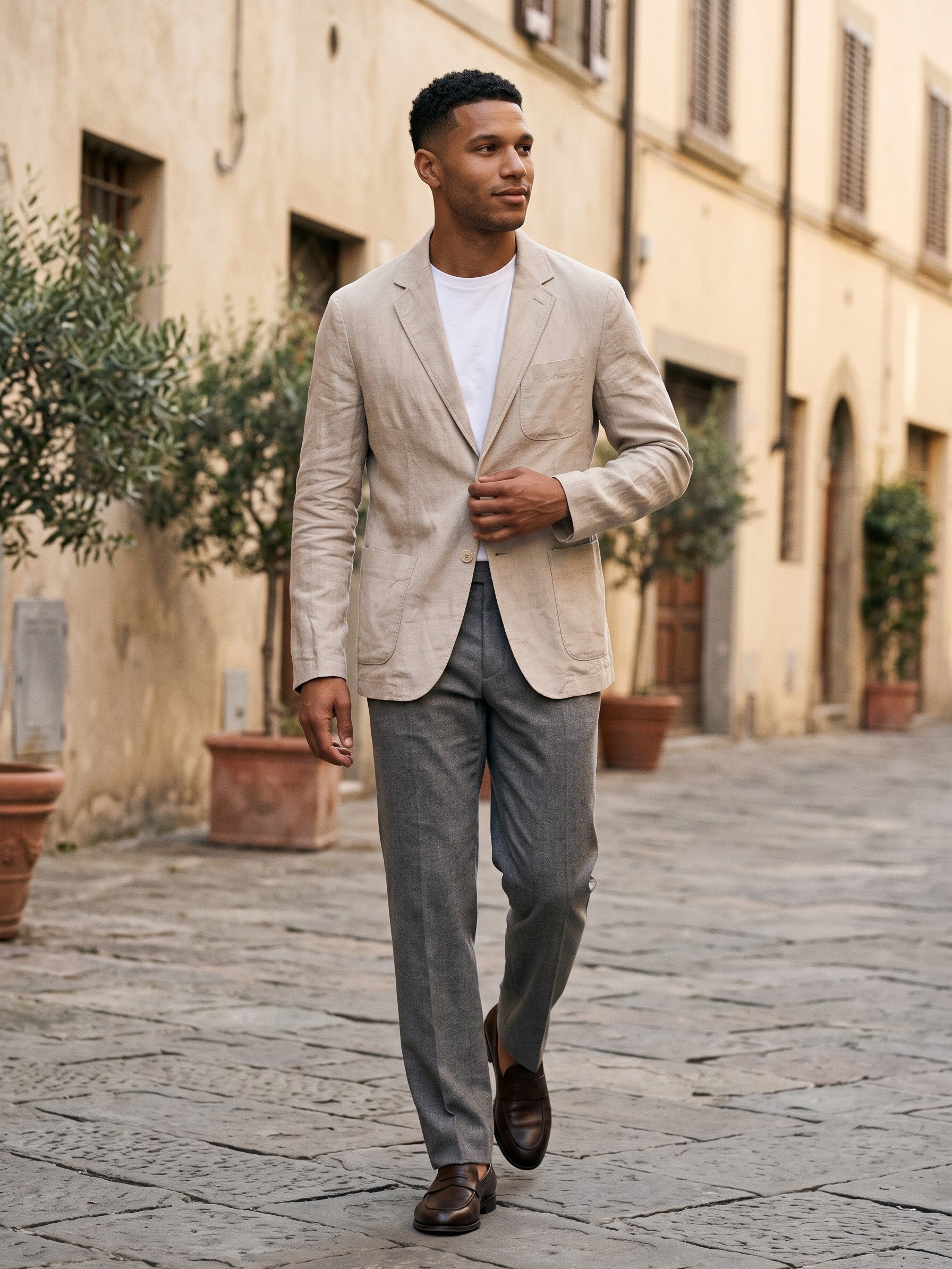Sorico Men's Washed Linen Patch-Pocket Blazer — stonebeige — lifestyle