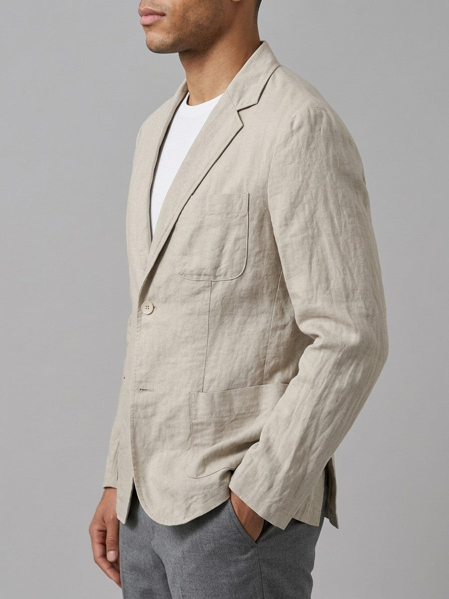 Sorico Men's Washed Linen Patch-Pocket Blazer — stonebeige — side