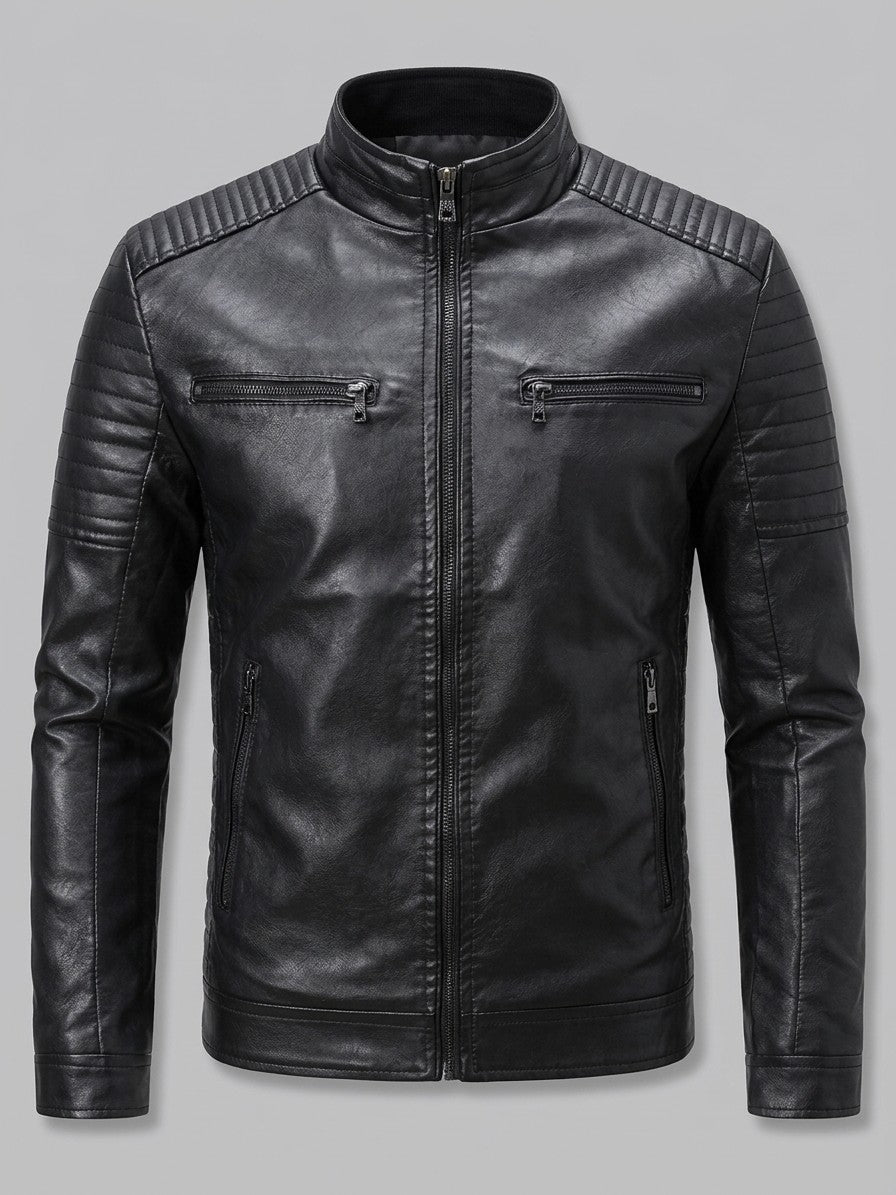 Spello Men's Ribbed-Shoulder Faux Leather Racer Jacket — black — packshot