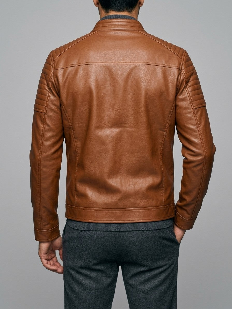 Spello Men's Ribbed-Shoulder Faux Leather Racer Jacket — brown — back