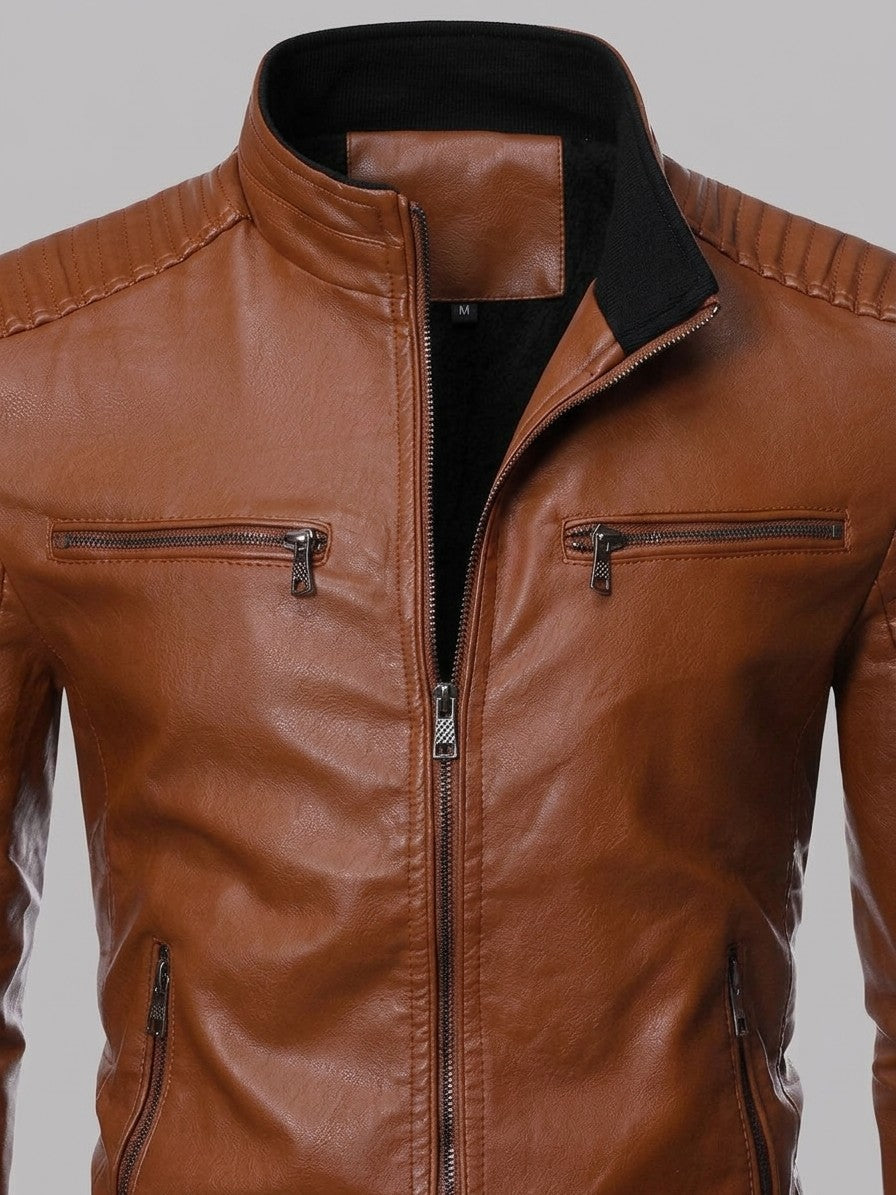 Spello Men's Ribbed-Shoulder Faux Leather Racer Jacket — brown — detail-2