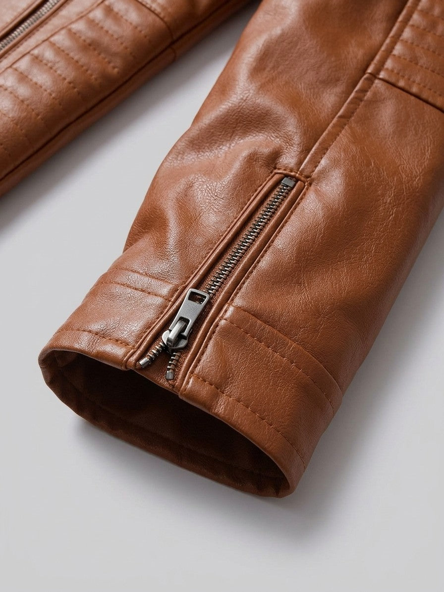 Spello Men's Ribbed-Shoulder Faux Leather Racer Jacket — brown — detail-collar
