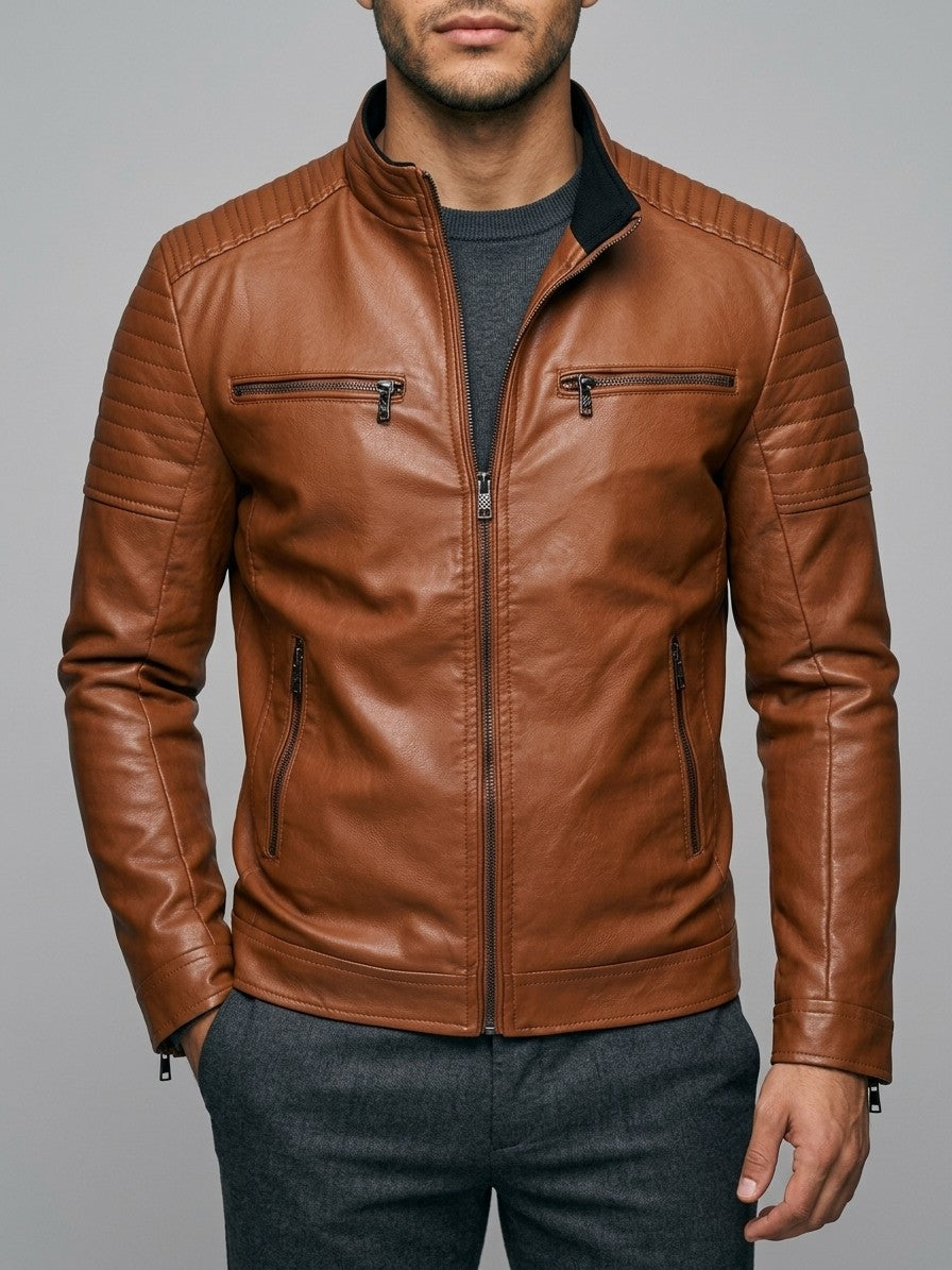 Spello Men's Ribbed-Shoulder Faux Leather Racer Jacket — brown — front