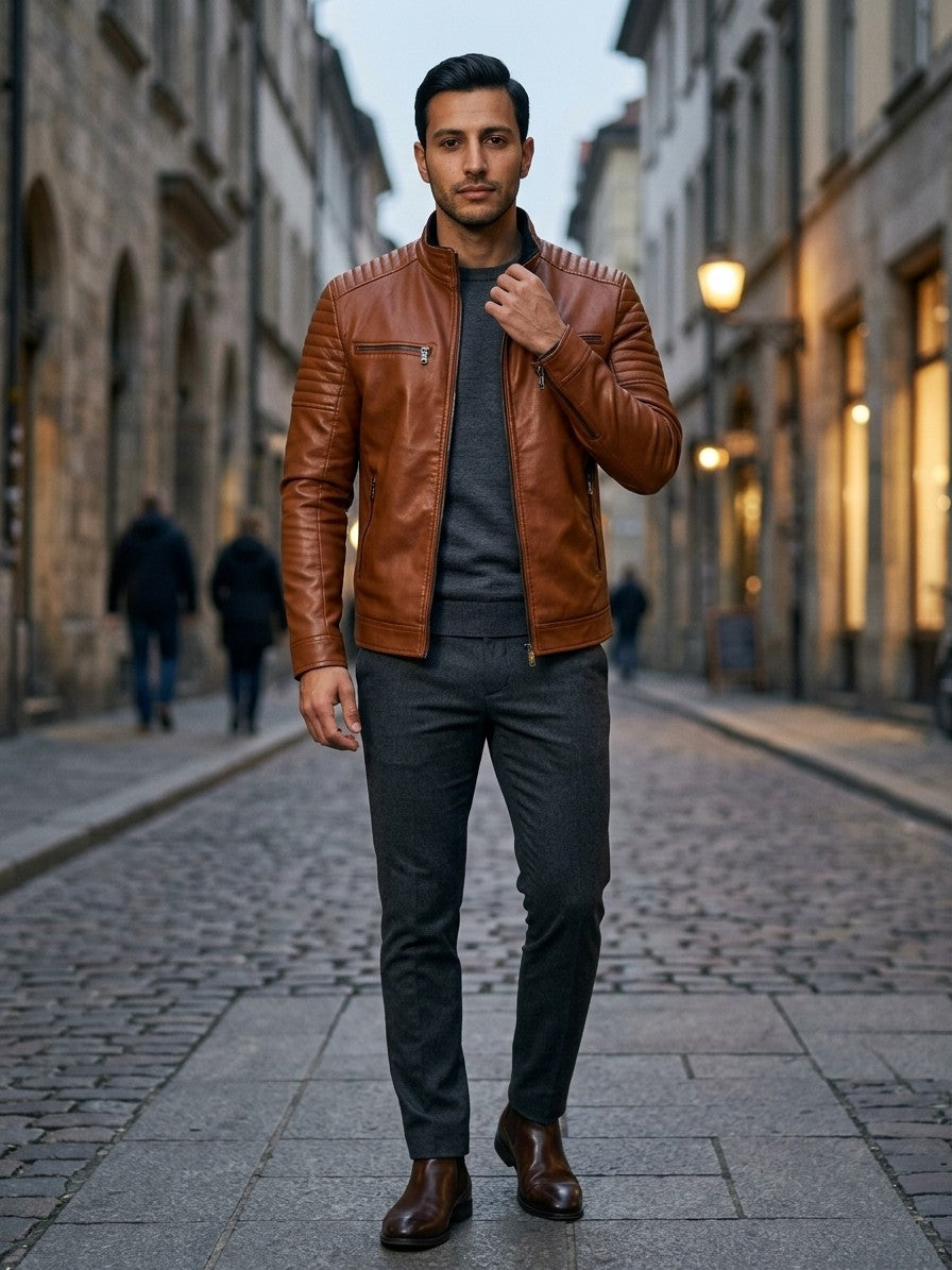 Spello Men's Ribbed-Shoulder Faux Leather Racer Jacket — brown — lifestyle