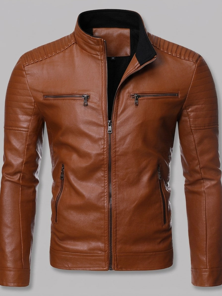 Spello Men's Ribbed-Shoulder Faux Leather Racer Jacket — brown — packshot