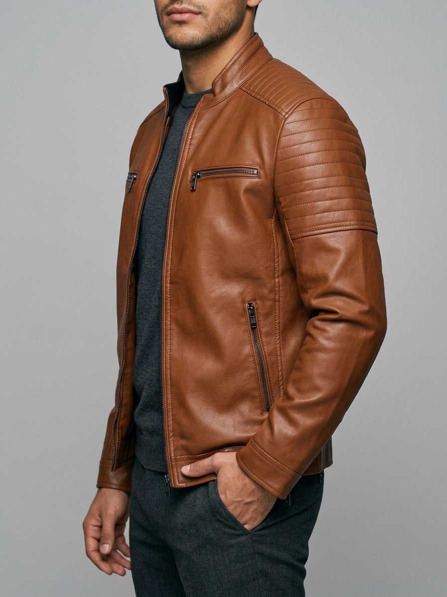 Spello Men's Ribbed-Shoulder Faux Leather Racer Jacket — brown — side