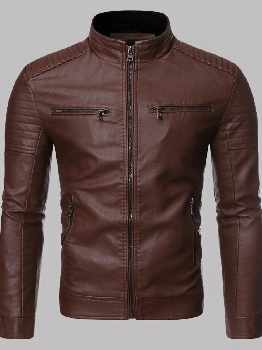 Spello Men's Ribbed-Shoulder Faux Leather Racer Jacket — coffee — packshot