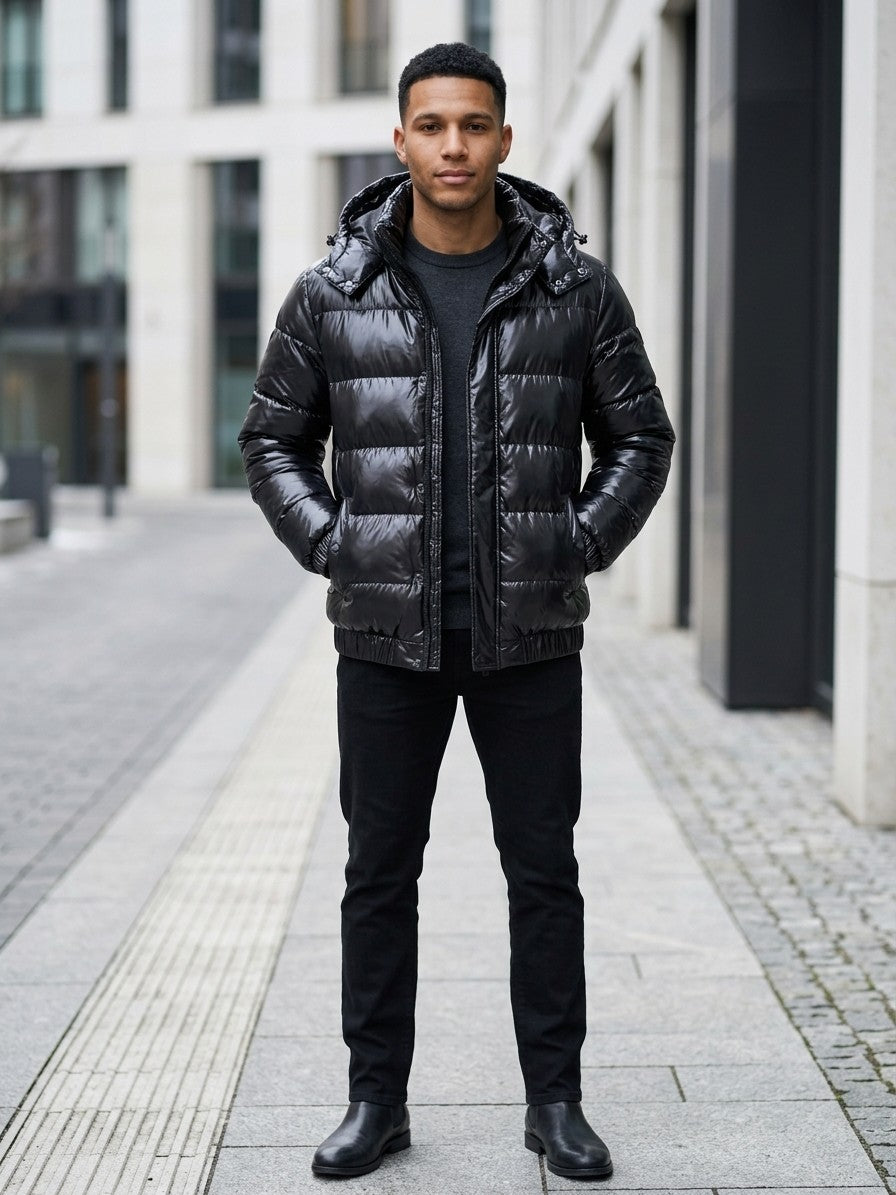 Spilimbergo Men's Hooded Puffer Jacket — black — lifestyle