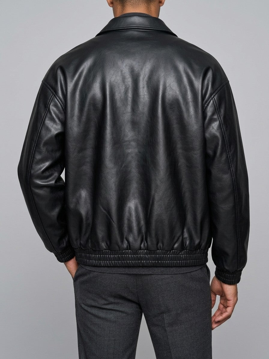 Spotorno Men's Shirt-Collar Faux Leather Jacket — black — back