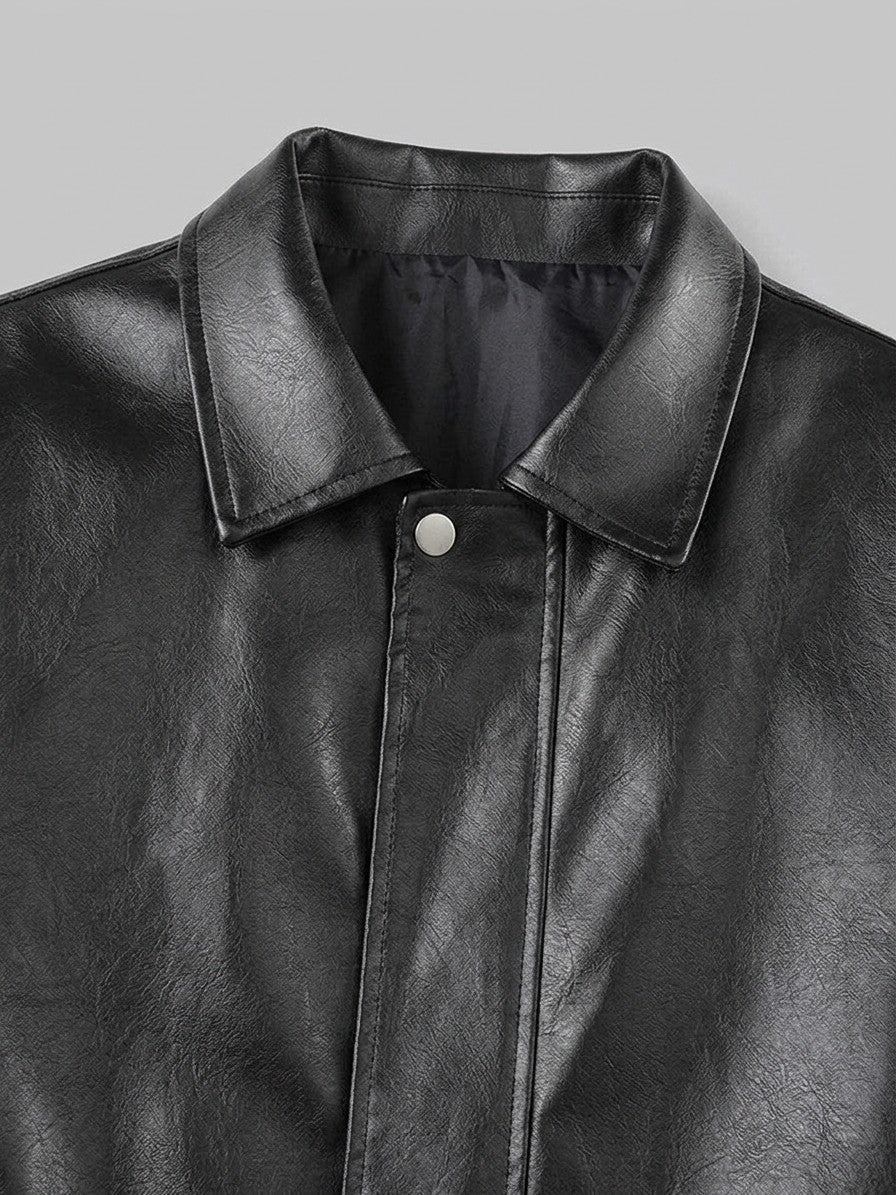 Spotorno Men's Shirt-Collar Faux Leather Jacket — black — detail-2