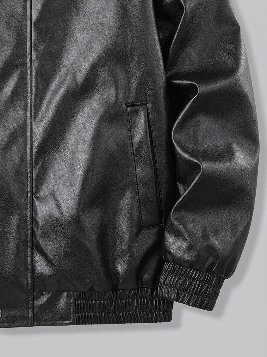Spotorno Men's Shirt-Collar Faux Leather Jacket — black — detail-collar