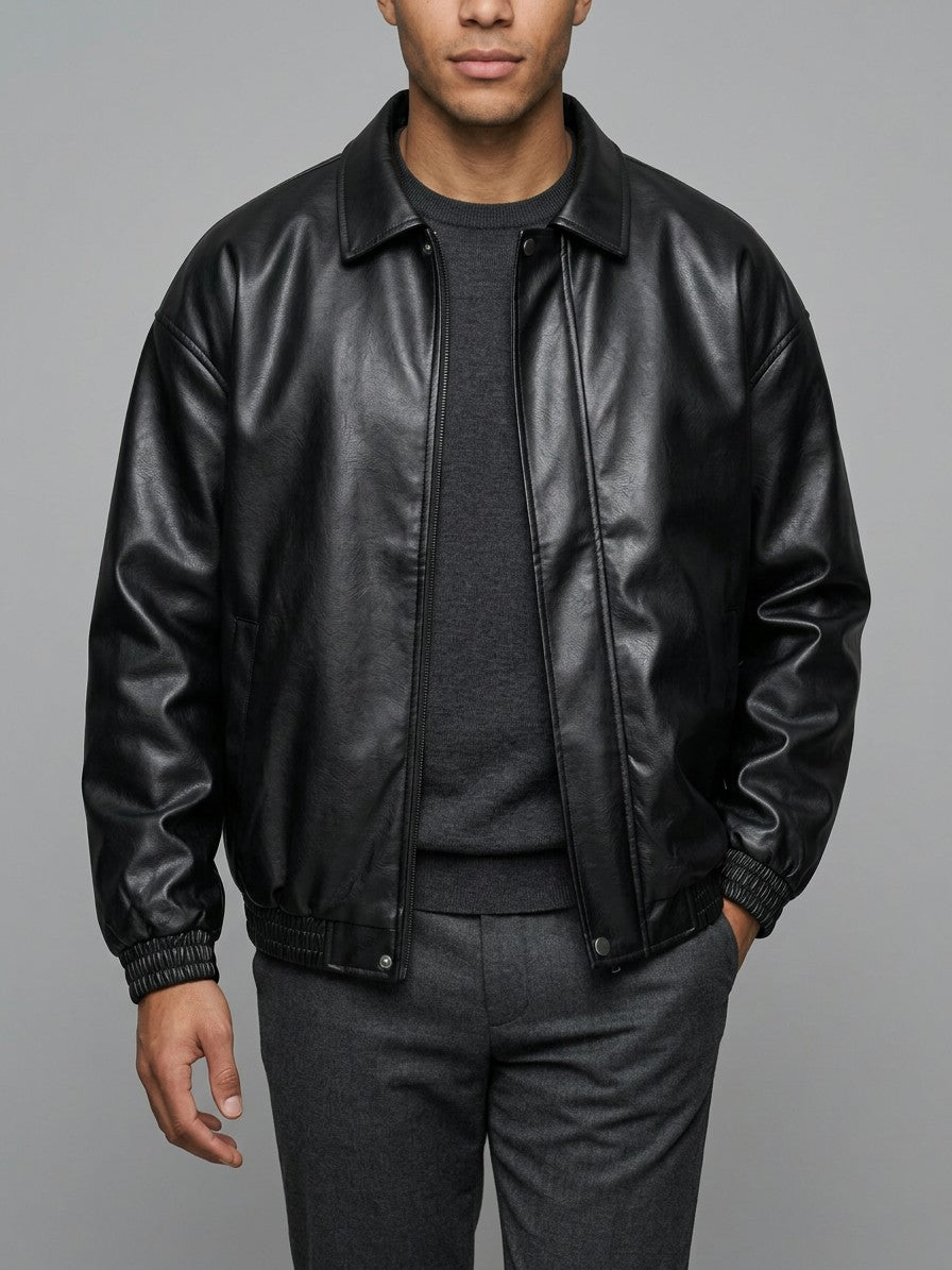 Spotorno Men's Shirt-Collar Faux Leather Jacket — black — front