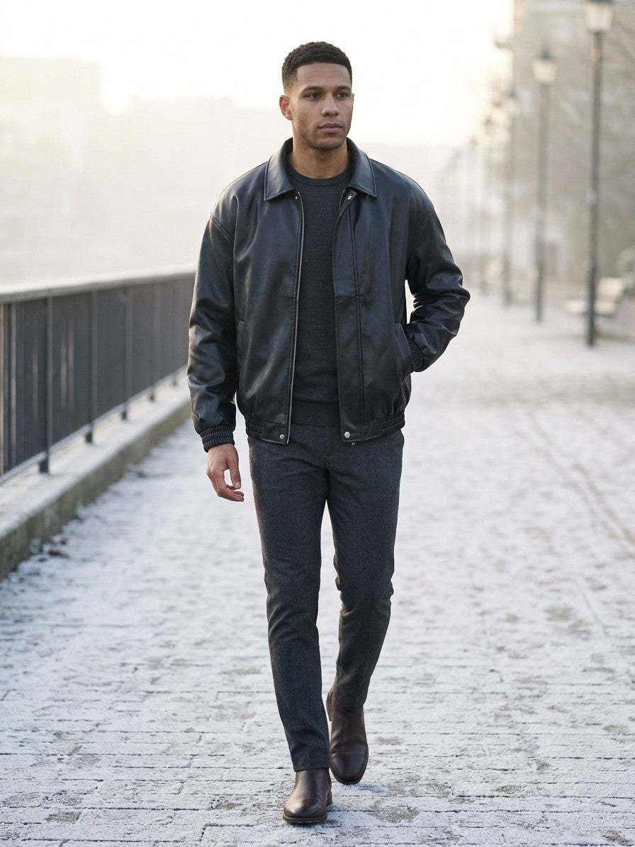 Spotorno Men's Shirt-Collar Faux Leather Jacket — black — lifestyle